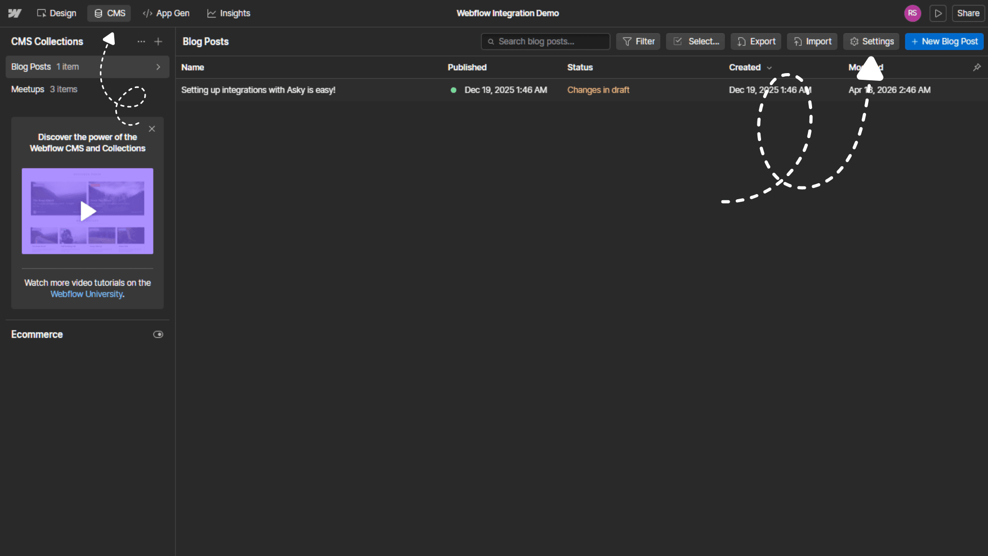 Webflow CMS panel with the collection settings gear highlighted