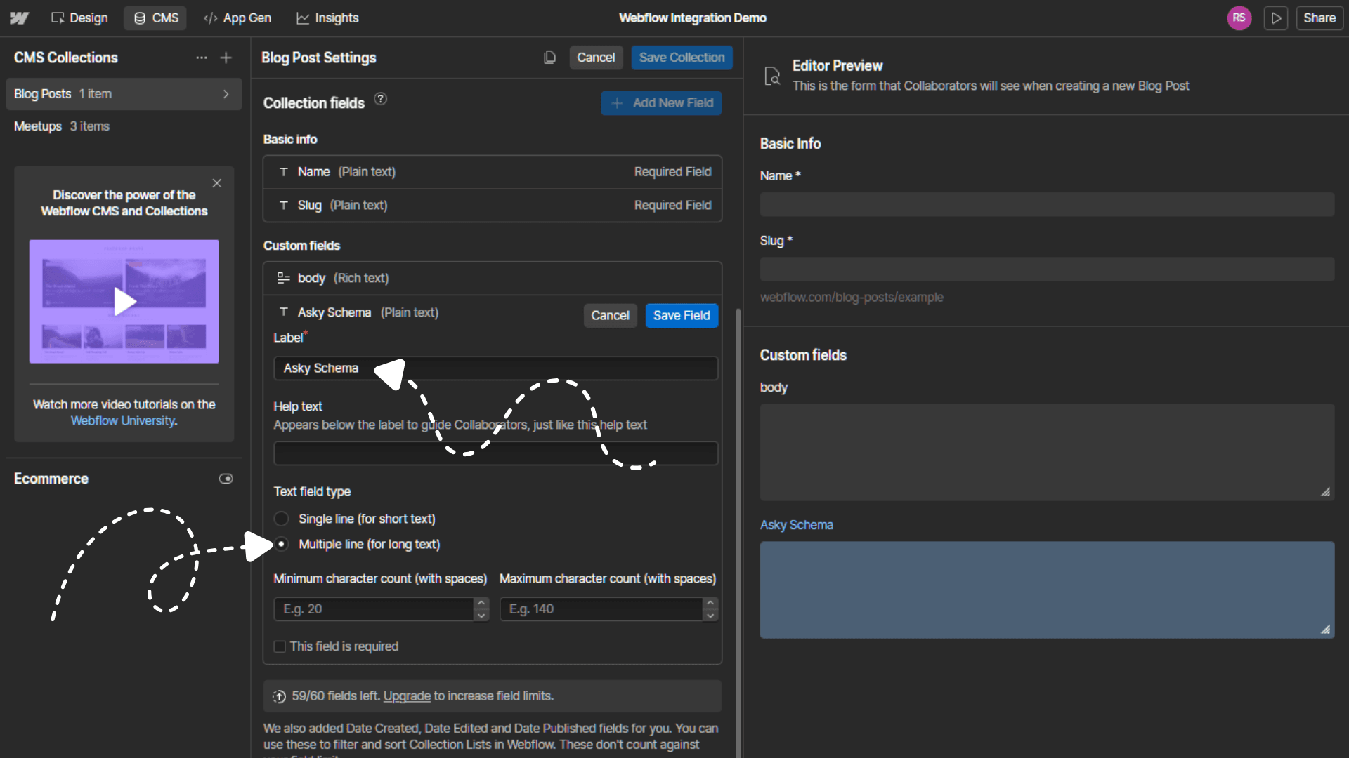 Webflow field settings showing the auto-generated slug asky-schema