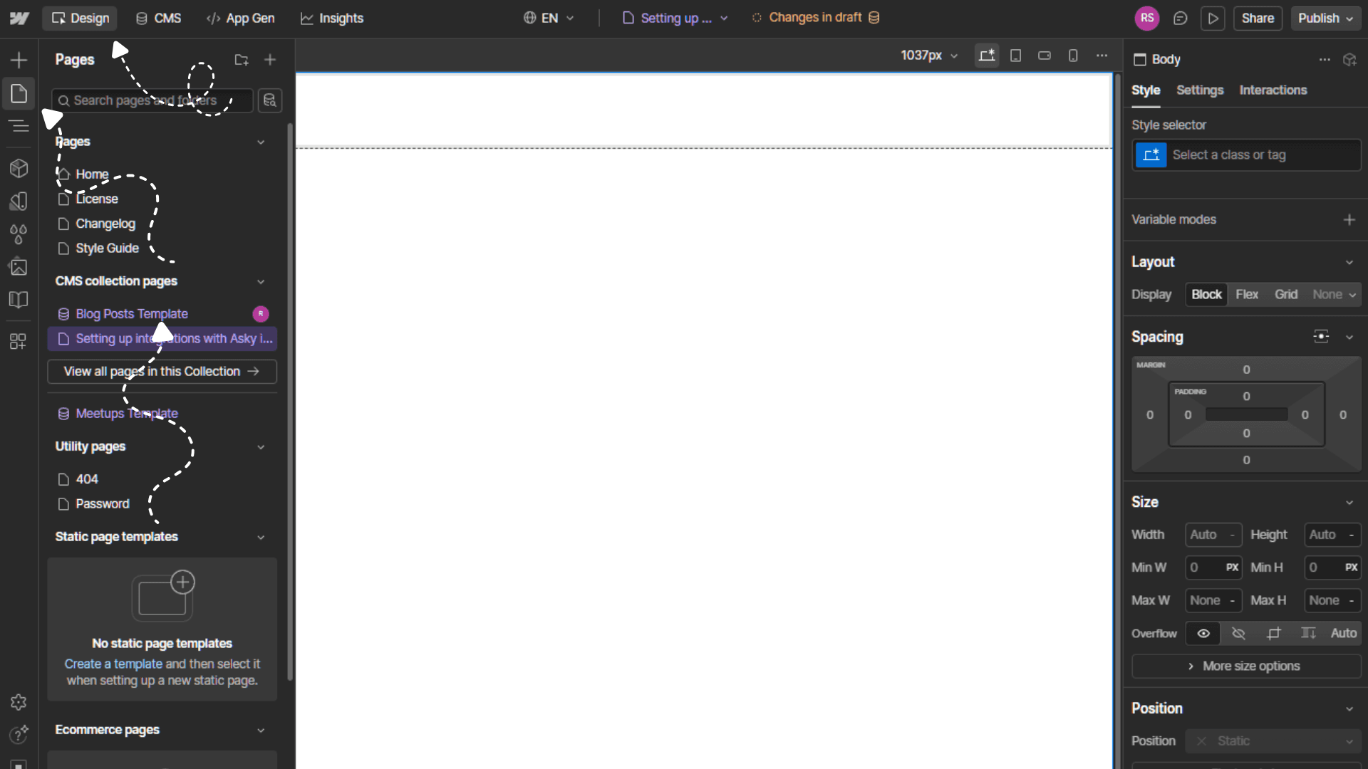 Webflow Pages panel with the Collection Template highlighted