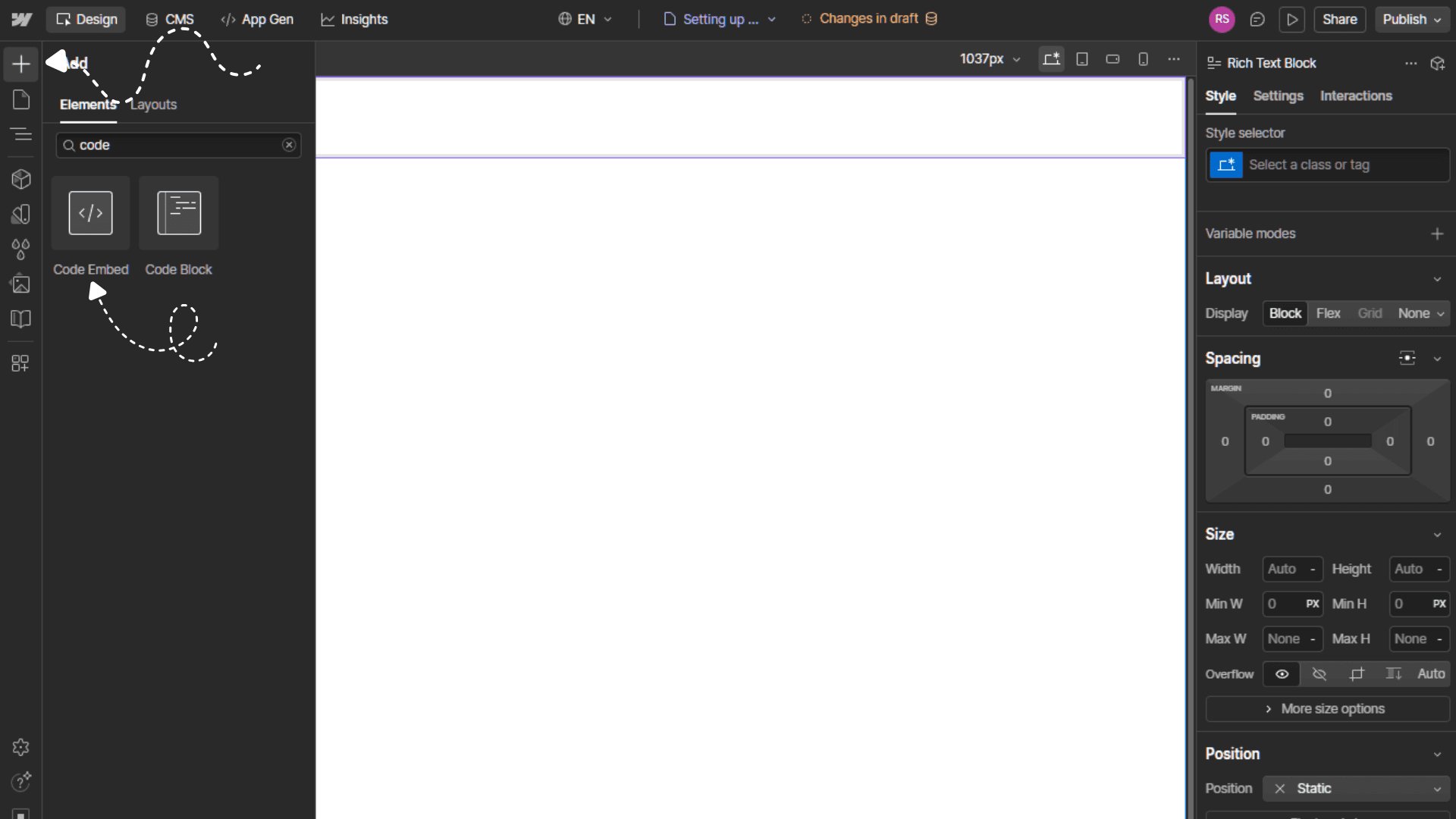 Webflow Designer with the Embed element being dragged onto the Collection Template