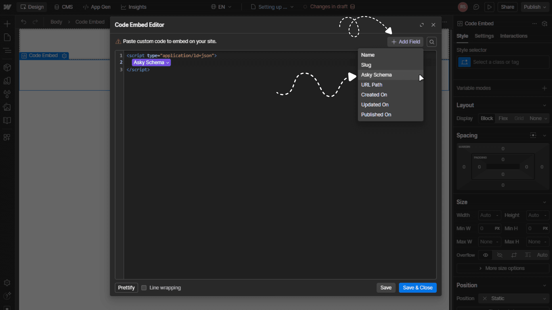 "Add Field" dropdown showing "Asky Schema" being selected, with the resulting placeholder inserted between the script tags