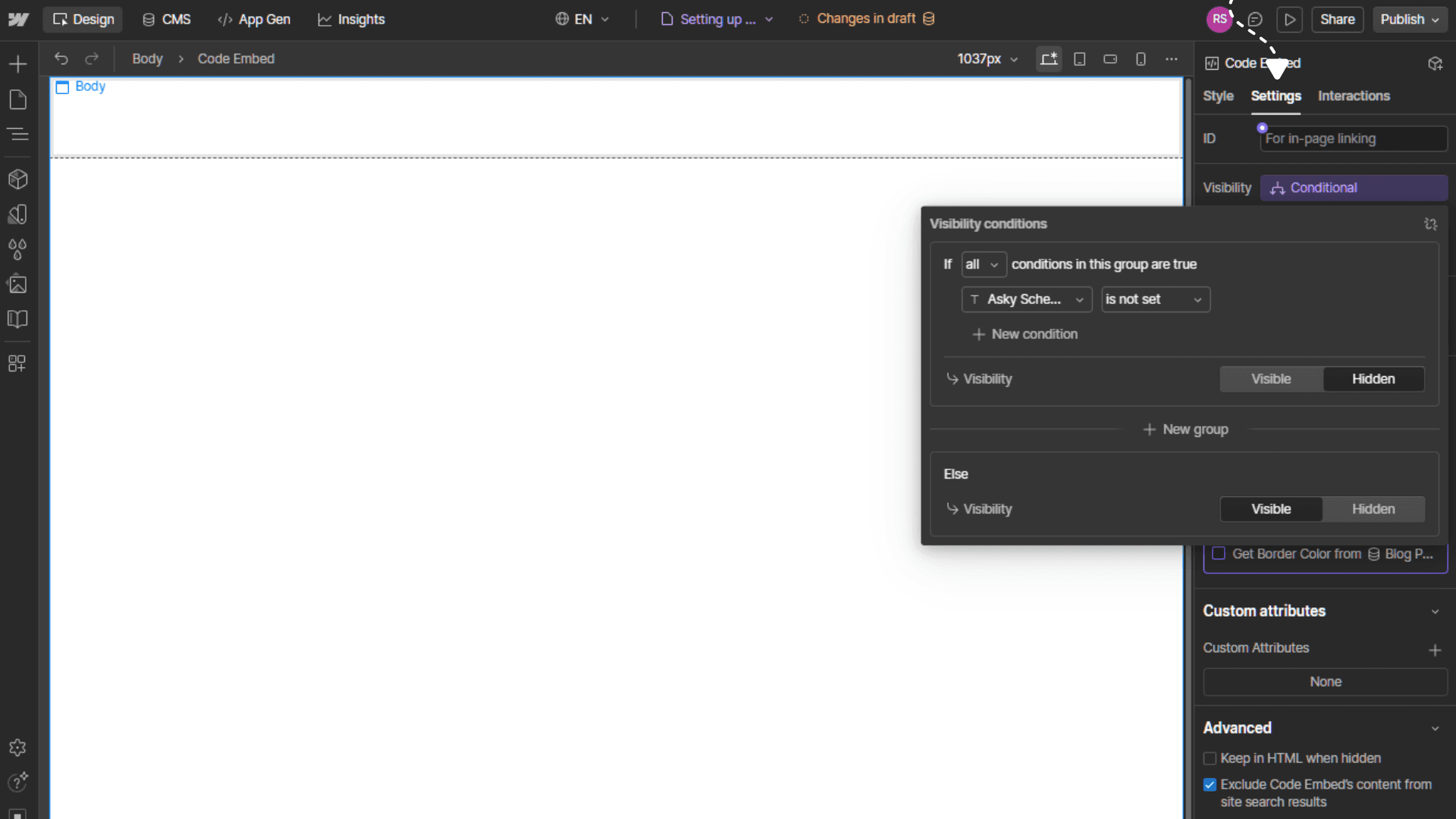 Conditional Visibility panel configured with "Asky Schema" "is set